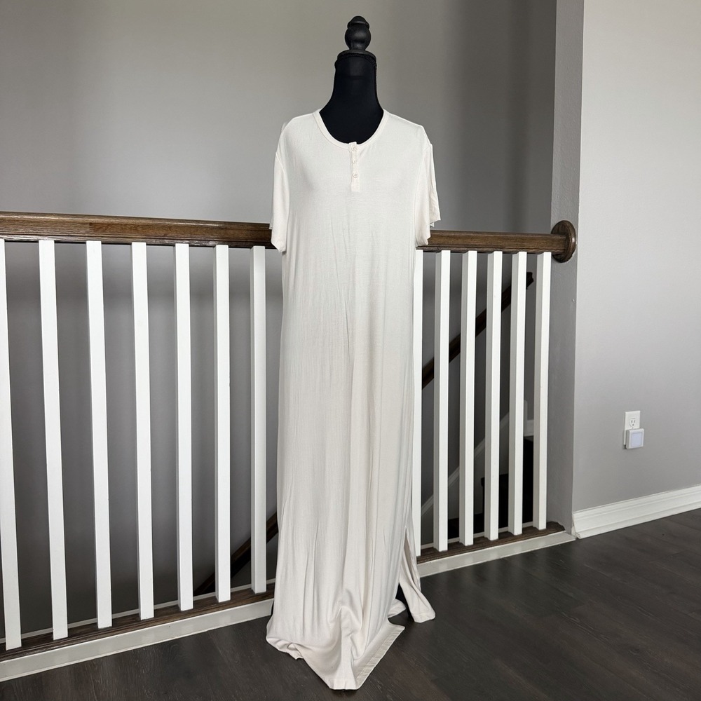 Barefoot‎ Dreams Malibu Ultra Soft Rib Henley Dress 1X Petite Almond Minimalist